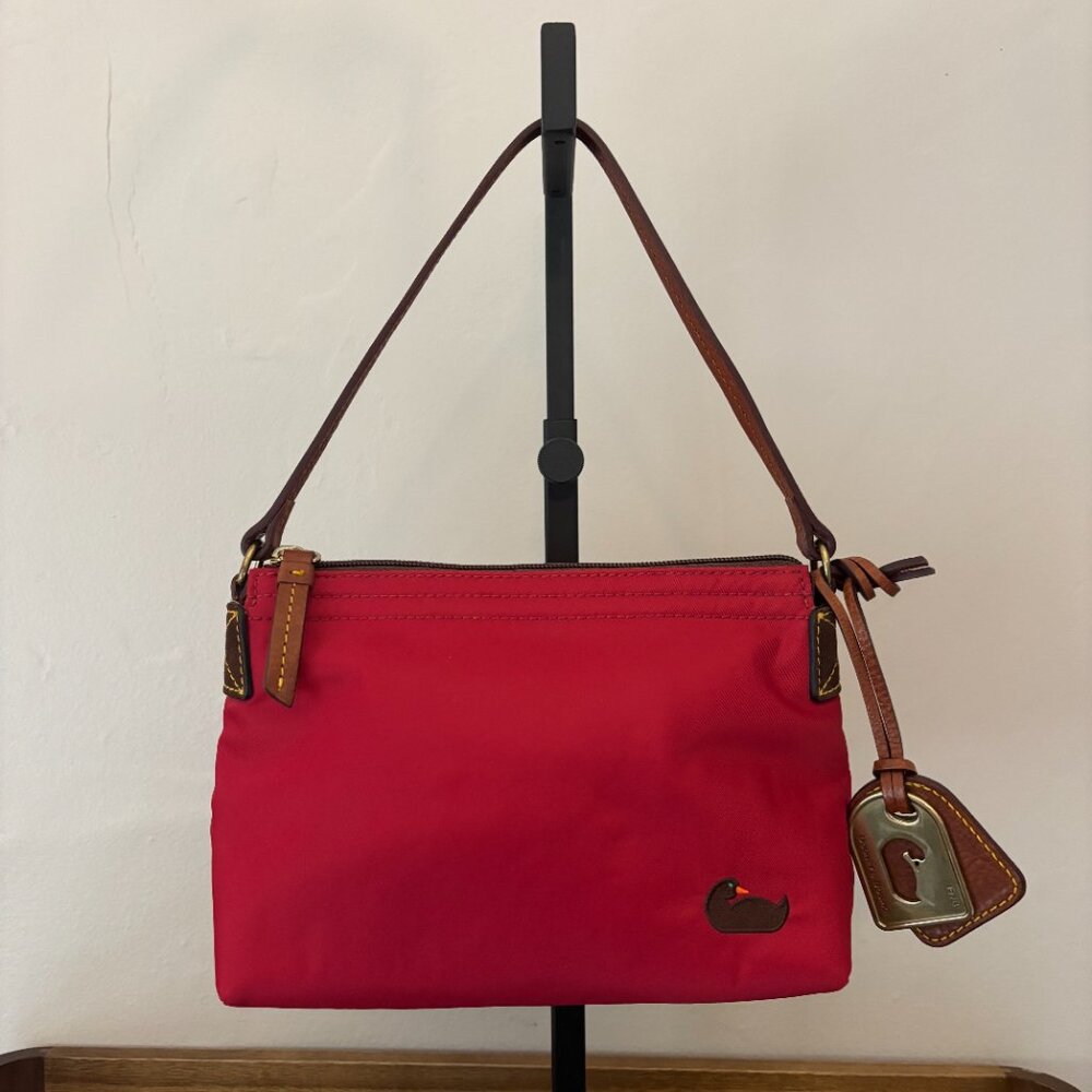 Dooney & Bourke Red Nylon Brown Leather Pouchette Mini Bag - Picture 4 of 12